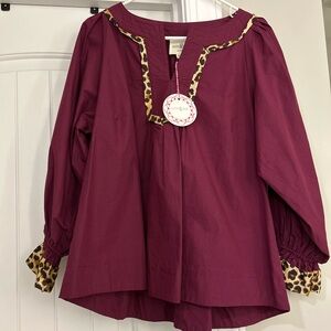 Umgee Maroon Blouse with Leopard Trim